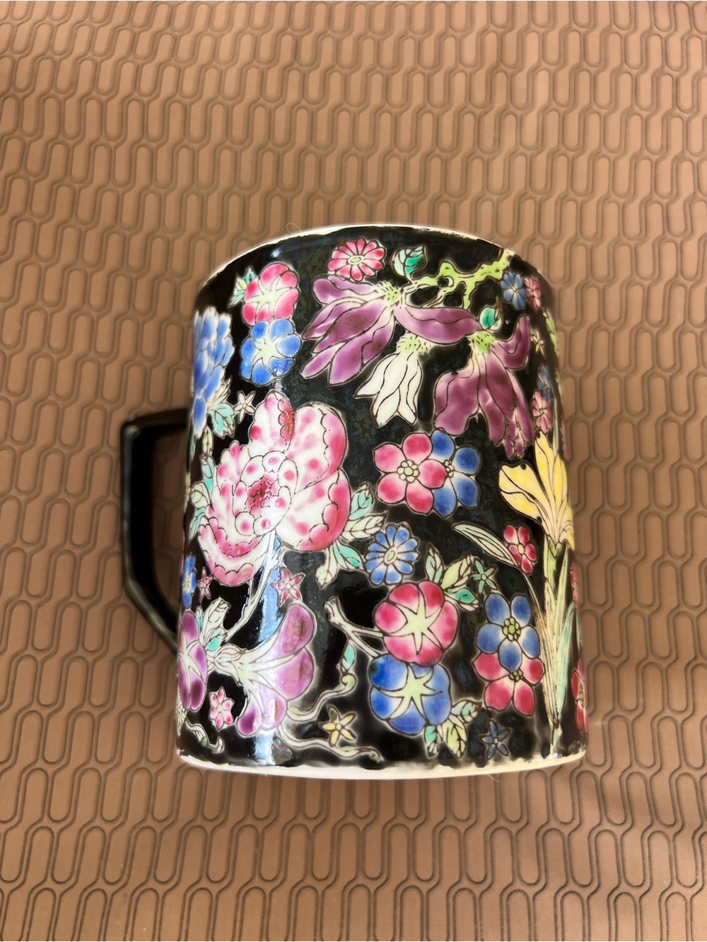 Floral Black Ceramic Mug with Multicolor Flower Pattern
